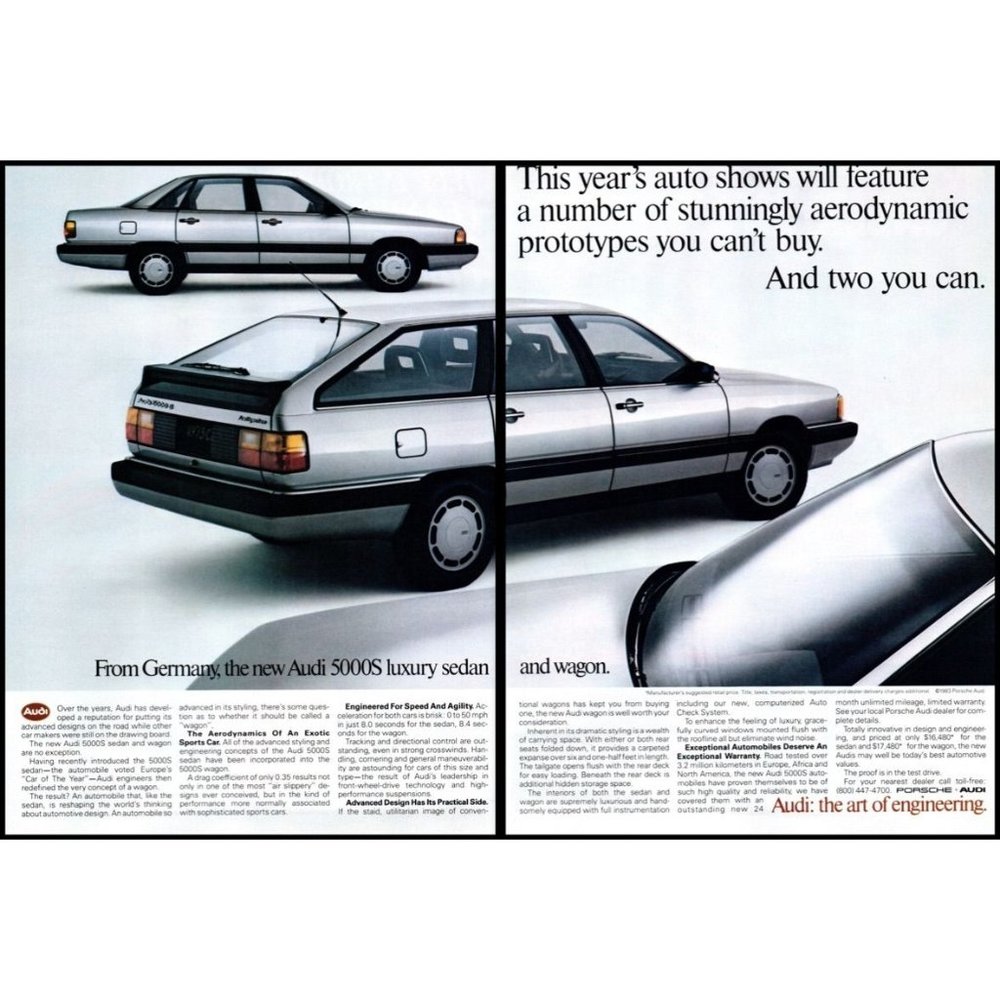 1984 Audi 5000S Luxury Sedan and Wagon 2 Page Vintage Print Ad German Wall Art
